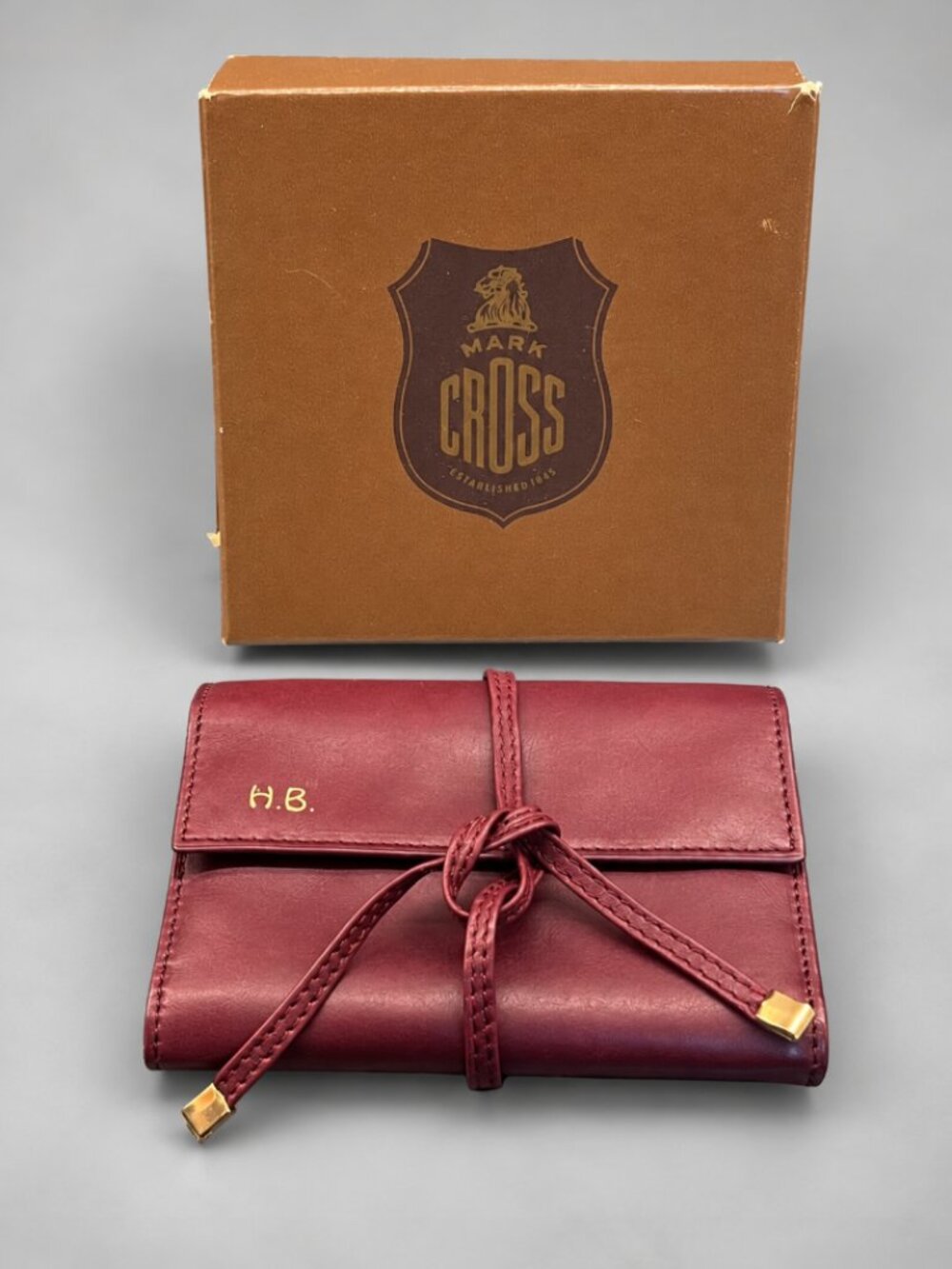 Vintage Mark Cross Burgundy Leather Travel Jewelry Roll Case Organizer w Box